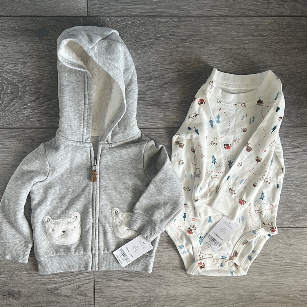 Gray Hoodie and Patterned Onesie Set